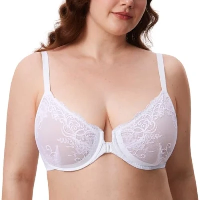 Immagine di DELIMIRA Donna Reggiseno in Pizzo Trasparente Apertura Frontale con Ferretto Taglie Forti Sexy Bianco 6C