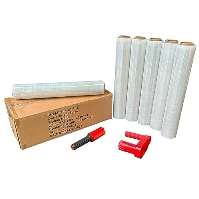 Immagine di 6 rotoli + dispenser pellicola stretch 23 my 500 mm 1,5 kg per pallet (6 trasparenti 1 rotella)