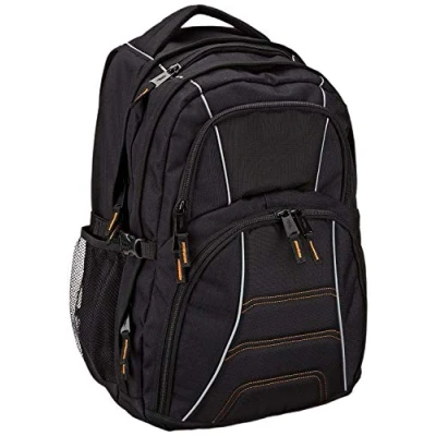 Immagine di Amazon Basics Zaino per laptop con spallacci imbottiti e scomparti tenere in ordine penne, chiavi, cellulare, adatto la maggior parte dei computer da, Nero, 17 Pollici, 43 cm