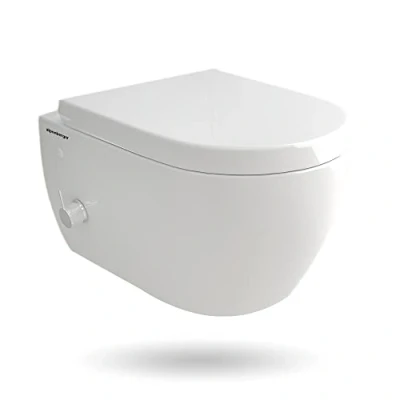 Immagine di WC senza brida, con rubinetto monocomando laterale integrato connettore acqua fredda/calda sedile a sgancio rapido forma di D abbassamento automatico+tubi collegamento per l&#039;ugello