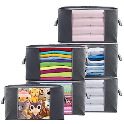 Immagine di 6pcs Scatole per Armadio Salvaspazio, 90L Contenitori Pieghevole con Finestra Trasparente e Manici, Vestiti in Tessuto, Borsa Organizzatore Trapunte, Coperte