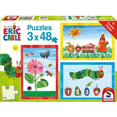 Immagine di Schmidt Spiele Il Mondo del Piccolo Bruco Nimmersatt, Puzzle per Bambini, 3 x 48 Pezzi, Multicolore, 56431