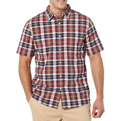 Immagine di Amazon Essentials Camicia in Popeline a Maniche Corte Slim Uomo, Blu Marino Rosso Bianco Motivo Scozzese, XS