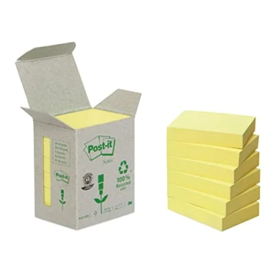 Immagine di Post It Foglietti Notes In Carta Riciclata al 100% , Canary Yellow, 38 mm x 51 mm, 100 Fogli/Blocchetto, 6 Blocchetti, Colore Giallo, Per Appunti, Elenchi &amp; Promemoria