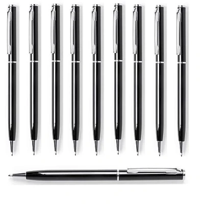 Immagine di noTrash2003 Set di 10 penne a sfera in metallo alluminio dalla forma sottile, eleganti per ufficio e posto lavoro, argento, oro, nero, bianco, giallo, blu, rosso, arancione, rosa,