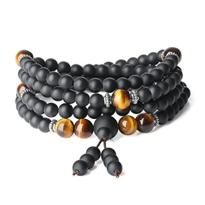 Immagine di COAI Bracciale 108 Perle Mala in Onice Opaca e Occhio di Tigre Marrone, Collana Buddhista da Preghiera Pietre Naturali