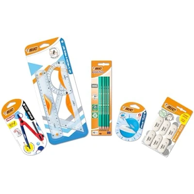 Immagine di BIC Set Cancelleria Disegno Scuola per Bambini, 1 Compasso, Righello, Squadra e Goniometro, 10 Matite Grafite HB, Temperino 6 Gomme da Cancellare, 21 Unità, Casa