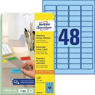 Immagine di Avery Zweckform Etichette universali per tutte le stampanti formato A4, 45,7 x 21,2 mm blau (wiederablösbar), 960 Pezzi