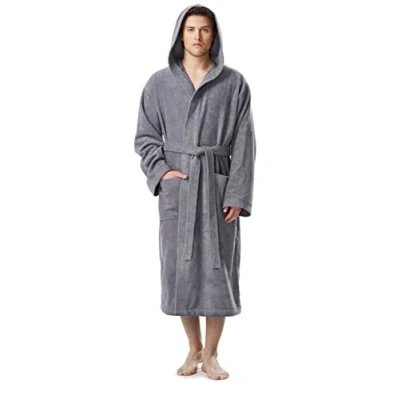 Immagine di Arus Pacific Accappatoio da uomo con cappuccio, lunghezza al polpaccio, 100% cotone spugna, Taglia uomo: L, unisex: L XL, Grigio