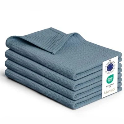Immagine di Blumtal strofinacci cucina cotone 50x70cm in set da 4 stracci 100% canovacci lavabili a 60C asciugamani con design waffle blu