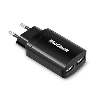 Immagine di MaGeek® Caricatore da Muro con 2 Porte 12W / 2.4A UniCharge per iPhone Xs MAX X 8 7 6, Samsung Galaxy S9 S8 S7 Edge e Altri Dispositivi Alimentati USB (Nero)