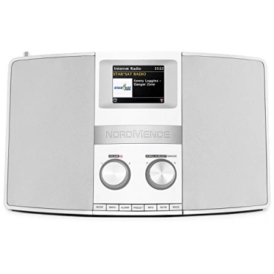 Immagine di Nordmende Transita 400 Internet radio (DAB+, FM, stereo, W LAN, Spotify Connect,streaming audio Bluetooth,NFC, display a colori, sveglia, jack per cuffie, 2 x 10 Watt, AUX In) bianco/argento