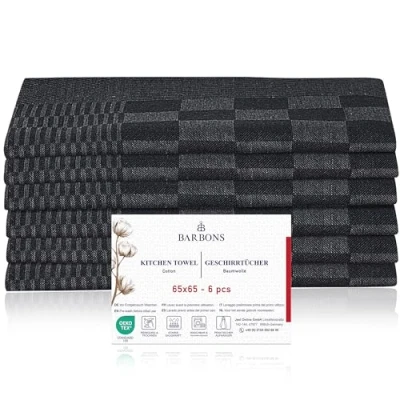 Immagine di BARBONS Strofinacci Cucina neri a quadretti 65x65 cm 245 g/m² 105 g Certificati Oeko Tex Asciugamani Stracci Elevata Assorbenza Canovacci in Cotone (Nero, 6 pezzi)