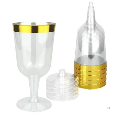 Immagine di DECORLINE Bicchieri con stelo di plastica riutilizzabili Set da 50 pezzi 180 ml infrangibili, senza BPA Ideale per cocktail, acqua, vino rosso e bianco Trasparente bordo Dorato