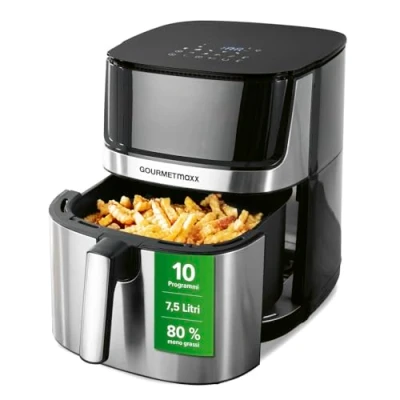 Immagine di GOURMETmaxx Friggitrice ad aria calda digitale con display touch Airfryer spazio di cottura da 7,5 l e funzione timer Friggere quasi senza olio 10 programmi 2200 W, calore superiore