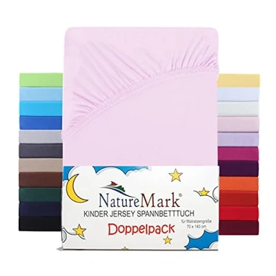 Immagine di NatureMark Set di 2 lenzuoli con angoli elasticizzati per bambini, in jersey, 100% cotone, culla e lettino, 70 x 140 cm, rosa