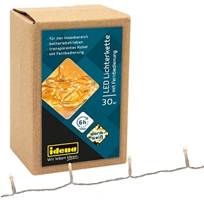 Immagine di Idena 31602 Catena luminosa a LED con 30 in bianco caldo, funzione timer 6 ore e telecomando, batteria, lunga circa 1,75 m, per interni, feste, Natale, decorazione, matrimonio