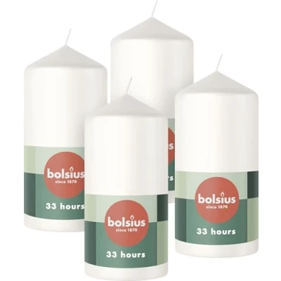 Immagine di Bolsius Candele a pilastro, bianche, confezione da 4, 12 x 6 cm, lunga durata di 33 ore, non profumate, include cera vegana naturale, senza olio palma