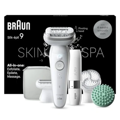Immagine di Braun Silk épil 9 SkinSpa Depilatore Donna, Epilatore Elettrico Donna Con Testina Flessibile Per Una Epilazione Semplice, Wet &amp; Dry, Pelle Liscia a Lungo, Kit Tutto In Uno, Mini Viso, 381, Bianco/Argento
