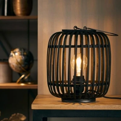 Immagine di Lightbox Lampada da tavolo 27 cm Boho con interruttore E27, max. 60 W in bambù/metallo legno scuro/nero