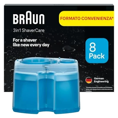 Immagine di Braun ShaverCare 3 In 1 Cartucce Di Ricarica Per Stazione SmartCare, Pulisce Il Rasoio Elettrico Barba 10 Volte Meglio Dell&#039;Acqua, Formula Migliorata Al Profumo Fresco Limone, Igienizzando Rimuovere I Residui Peli E Pelle, Pacco Da 8