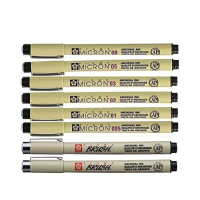 Immagine di PIGMA MICRON Sakura Set di Penne 005,01,02,03,05,08, Brush, Brush (Manga Set)