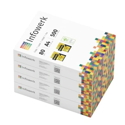 Immagine di Infowerk Carta per stampante, 2000 fogli, 4 x 500 A4, 80 g, colore bianco, vincitore del test PEFC