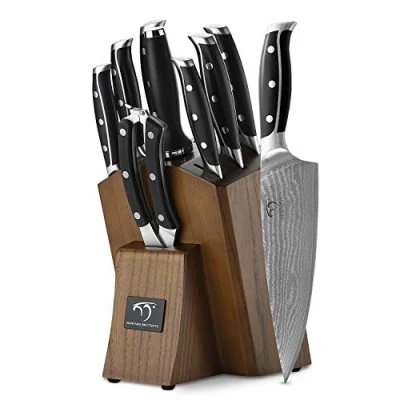 Immagine di Set di Coltelli Da Cucina Affilatura Per Ddi Chef Con Ceppo, cColtello Professionale Damasco Coltello Bistecca in Acciaio Inossidabile Affilacoltelli e Forbici