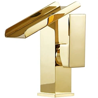 Immagine di Rubinetto Bagno Cascata, Oro Monocomando Miscelatore Lavabo Stile Moderno Ottone Lavabo, Acqua Calda E Fredda Disponibile, Valvola In Ceramica