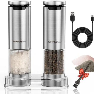 Immagine di SIMPLETASTE Macina Pepe, Sale e Pepe Elettrico, Macinapepe Ricaricabile in Acciaio Inox, con Cavo Type C Luce LED, Adatto per la Cucina, il Barbecue, le Feste, ecc. (Set da 2 Pezzi)