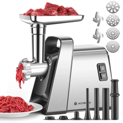 Immagine di Tritacarne Elettrico AOBOSI 4 In 1 Con Dischi Di Macinazione Acciaio Inox, Kubbe e 3 Tubi Per Insaccati, Motore [3000w Max], Professionale 2 Lame.