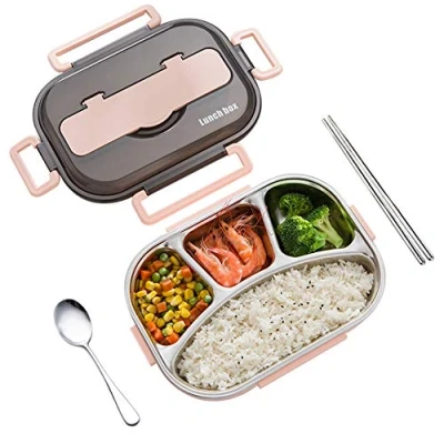 Immagine di amropi Scatole Bento Lunch Box Acciaio Inossidabile Contenitori 2/3/4/5 Scomparto Dispensa con Bastoncini e Cucchiaio (Rosa, 4 Scomparto)