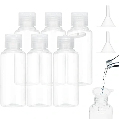 Immagine di bottiglie da viaggio 100 ml, 6 flaconi liquidi riempire con 2 piccoli imbuti, Contenitori di plastica trasparente, per cosmetici, gel doccia, shampoo lozione