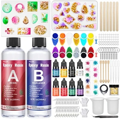 Immagine di AOLLEN Resina Epossidica Trasparente 400ml, Kit Completo, Compreso e di Indurente, Pigmenti, Glitter, Stampi, Fiori Secchi, Adatto per la Creazione Gioielli, Legno