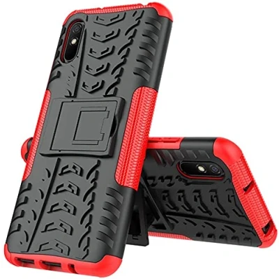 Immagine di Custodia per Xiaomi Redmi 9A/Redmi 9AT con Supporto Bumper Case Cover Armor Rigida Resistente Doppio Strato Protettiva Ibrida Agli Urti (Xiaomi 9AT, Rosso)