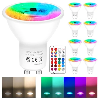 Immagine di REYLAX 8pcs Lampadine LED GU10 5W, RGB + Bianco Caldo, Faretti Che Cambiano Colore, 12 Colori 5 Modalità, Attivazione Della Memoria, Regolazione Tramite Telecomando a Infrarossi