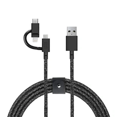 Immagine di Native Union Belt Cable Universal Cavo di Ricarica Rinforzato [Certificato MFi] Ultra Resistente da 2 Metri con Adattatore 3 in 1 per Dispositivi Lightning, USB C e Micro (Cosmos)