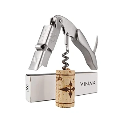 Immagine di VINAK Cavatappi da cameriere professionale XPERT in acciaio inox e legno con doppio supporto articolato + apribottiglie coltello tagliacapsule spirale (C Inossidabile)