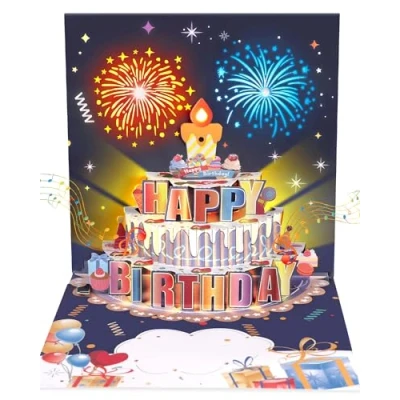 Immagine di GlasFlength Biglietto Auguri Compleanno con Musicale e Luce, Biglietti di Pop up 3D Candela Soffiabile Regalo Divertente per Donne Uomini Bambini