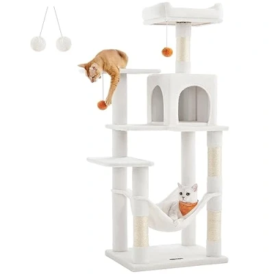 Immagine di Feandrea Albero per Gatti Alto 143 cm, Tiragraffi Gatti, con 4 Pali Graffiatoi, 2 Posatoi, 1 Grotta, Amaca, Pompon, in Peluche a Più Livelli, Bianco Crema PCT161T01