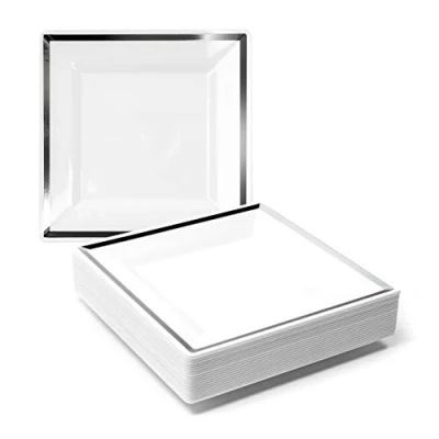 Immagine di Matana 20 Piatti da Dessert Quadrati Bianchi in Plastica Premium con Bordo Argento, 16,5cm Eleganti, Resistenti e Riutilizzabili Matrimoni, Compleanni, Natale, Barbecue, Feste