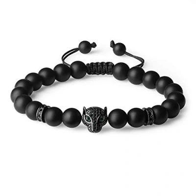 Immagine di COAI Bracciale da Uomo Regolabile in Onice Opaca con Amuleto Leopardo Zirconi, di Ispirazione Shamballa Pietre Semi preziose