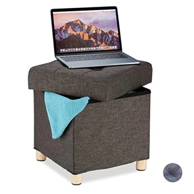 Immagine di Relaxdays Sgabello con Contenitore, Imbottitura Morbida, Trapuntata, Fodera di Stoffa HLP: 40 x 38 cm, Marrone