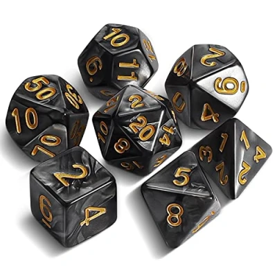 Immagine di QMAY DND Dice Set di 7 dadi poliedrici per Dungeon e Dragons MTG RPG D&amp;D D20, D12, D10, D%, D8, D6, D4 (nero)