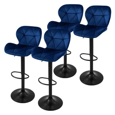 Immagine di ML Design Set di 4 Sgabelli da Bar Rivestimento in Velluto Blu Sedia Bancone Regolabile Altezza 59 79 cm Girevole a 360 Sgabello Alto Cucina Sedie Bistrot con Schienale e Poggiapiedi