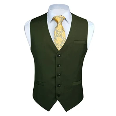 Immagine di Enlision, Gilet da uomo per feste formali e matrimoni, in cotone, tinta unita Verde militare XXL