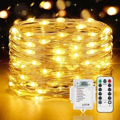 Immagine di Vacoulery Lucine LED Decorative a Batteria 1 Pezzo 12M 12 8 Modalità Luci con Timer e Telecomando per Camera Natale Interni Esterni(Bianco Caldo)