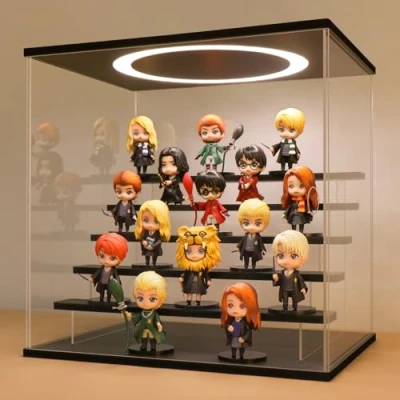 Immagine di Vetrina in Acrilico Trasparente con LED e Interruttore, Espositiva Teca Plexiglass Cubo Scatola Contenitori per Collezionismo, Modellismo, Minifigure, Statuette (Nero, 6 Livelli, 39x30x38 cm)