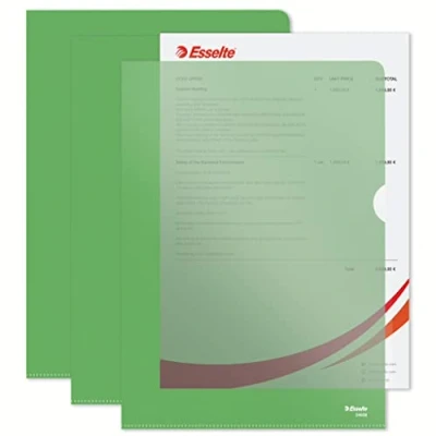 Immagine di Esselte Buste L Deluxe, in PPL Antiriflesso, per Archiviare e Conservare Documenti Formato A4, Confezione da 100 Verdi Trasparenti, 54838