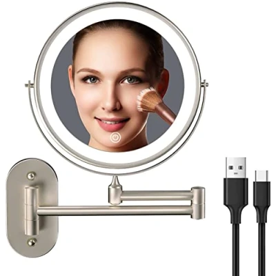 Immagine di specchio da bagno illuminato parete ricaricabile 8 pollici a doppia faccia 1X 10X ingrandimento bagno, illuminazione 3 colori, oscuramento touch screen, braccio esteso Rotazione